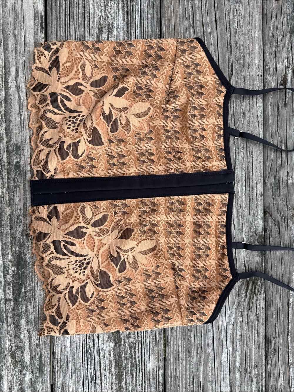 aerie Beige Lace Cropped Tank with Black Trim